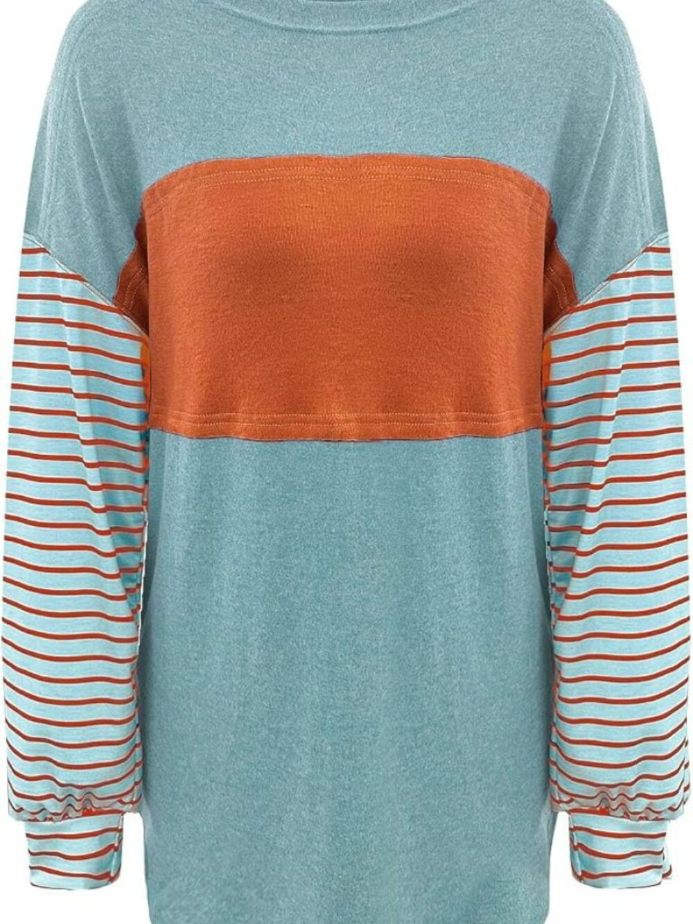 Long Sleeve Drop Shoulder Colorblock Crewneck Tee in Teal and Orange Size 3X